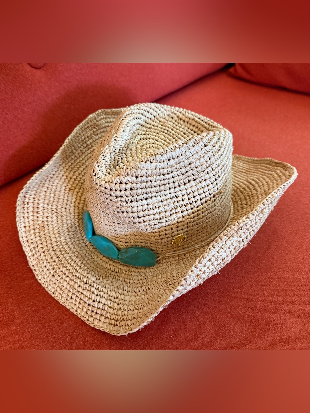 NEW Tara Grinna Raffia Straw Hat Customizable Brim Turquoise Accent NWT
